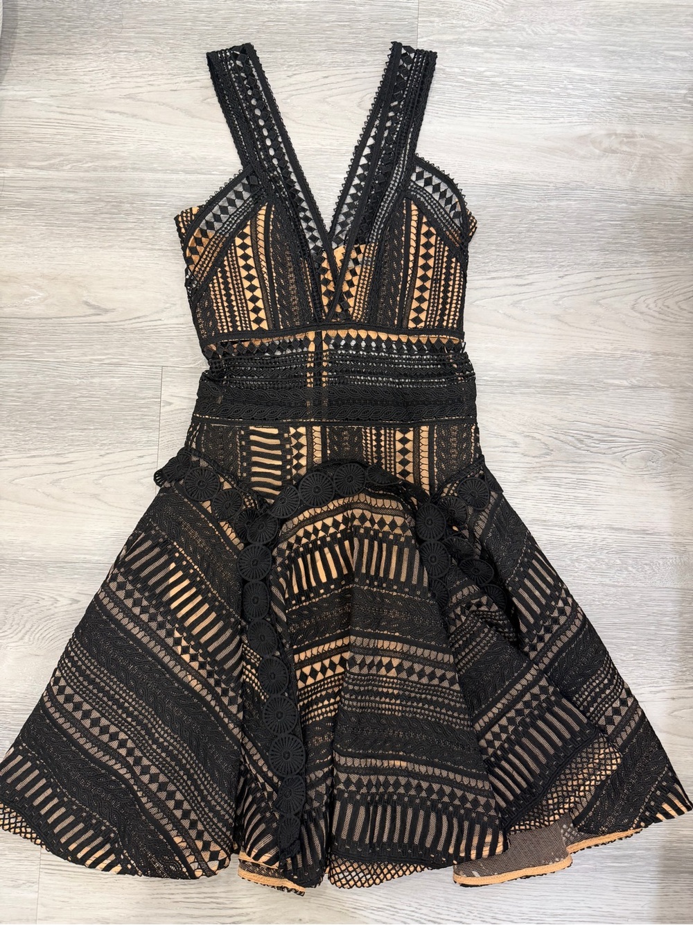 Thurley Black Lace with Nude Underlay V-Neck Fit-and-Flare Mini Dress